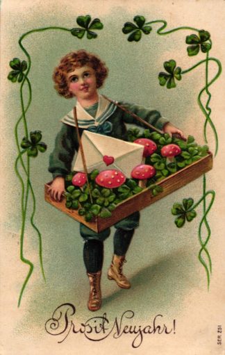 Neujahr, Junge mit Bauchladen, Glücksklee, Fliegenpilze, Prägekarte, 1908