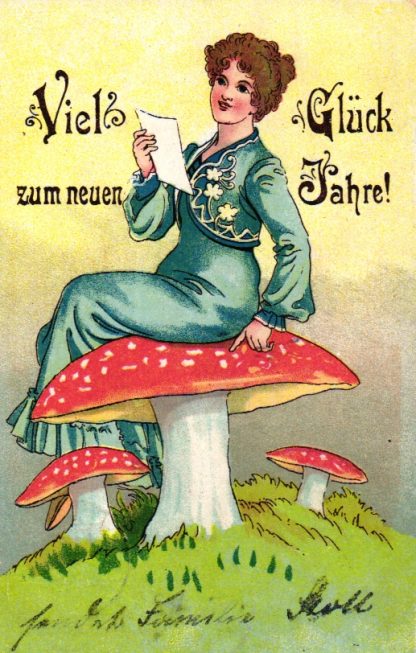 Neujahr, Frau, Fliegenpilze, Farb-Litho, um 1910
