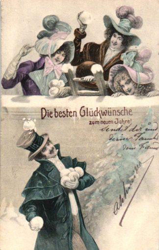 Neujahr, Frauen bewerfen einen Mann mit Schneebällen, 1904