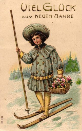 Neujahr, Mädchen mit Ski, Prägekarte, um 1910