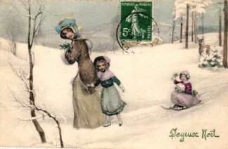 Neujahr, Mutter mit Kindern, Reh, Verlag V.K. Vienne, um 1910/20