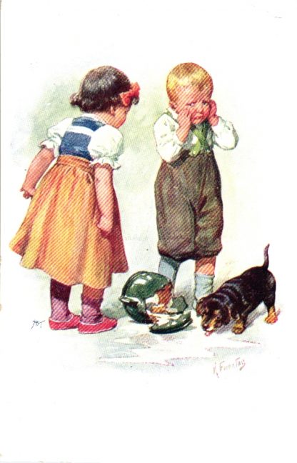Dackel, zerbrochener Krug, Kinder, sign. Feiertag, 1912