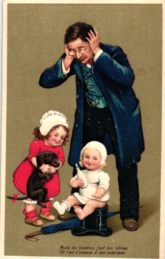 Kinder füttern Dackel mit einer Milchflasche, Prägekarte, um 1910