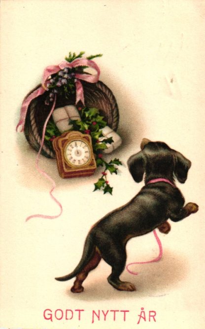 Neujahr, Dackel mit Uhr, 1919
