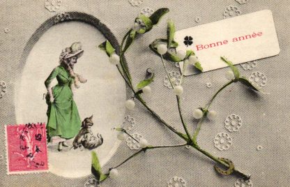 Neujahr, Mädchen mit Dackel, um 1910
