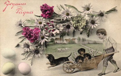 Ostern, Junge mit Dackel, Schubkarre, um 1910/20
