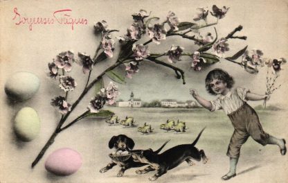 Ostern, Junge, Dackel stehlen Korb mit Ostereiern, um 1910/20