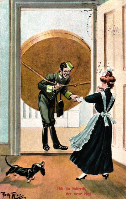 Paketbote mit großem Paket, Dackel, sign. Arthur Thiele, 1909