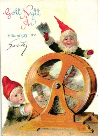 Neujahr, Kinder mit Lostrommel, schwedische Mini-AK, Format ca. 10,5x7,5cm, 1917