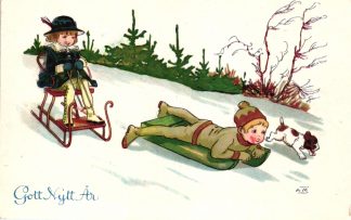 Neujahr, Kinder mit Schlitten und Hund, sign. A.M., um 1910/20