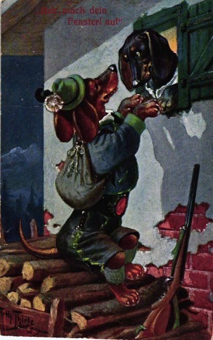 Dackel mit Dackeldame, Jagd, Jäger, sign. Arthur Thiele, 1909