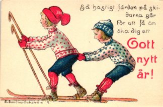 Neujahr, Kinder mit Ski, schwedische AK, sign. Künstlerkarte, ca. 20er Jahre