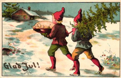 Weihnachten, Kinder, Zwerge mit Schwein und Christbaum, schwedische AK 1909