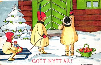 Neujahr, Kinder mit Schlitten, schwedische AK, 1916
