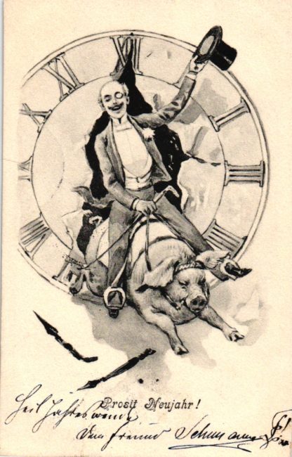 Neujahr, Mann reitet auf einem Schwein, große Uhr, um 1900/05