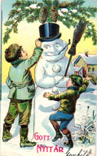 Neujahr, Kinder bauen einen Schneemann, schwedische Prägekarte, um 1910