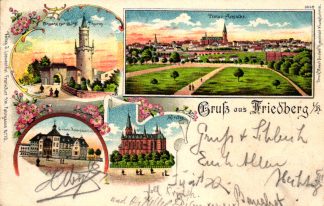 Friedberg in Hessen, Farb-Litho mit Ackerbauschule, Bahnpost Cassel-Frankfurt, 1900
