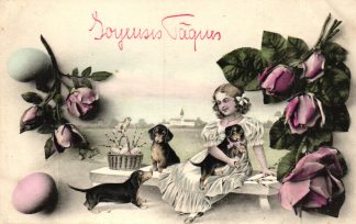 Ostern, Mädchen mit Dackel, Rosen, um 1910/20