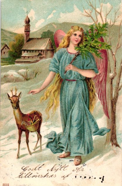 Weihnachten / Neujahr, Engel mit Reh, versandt in Schweden 1903