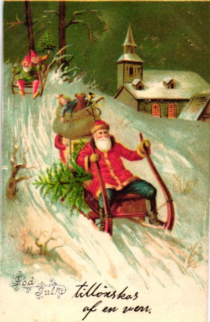 Weihnachten, Weihnachtsmann mit Schlitten, Zwerge, Farb-Litho, Schweden, um 1905