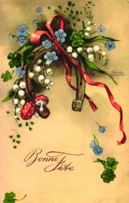 Neujahr, Glückwunsch, Hufeisen, Fliegenpilz, sign. Hannes Petersen