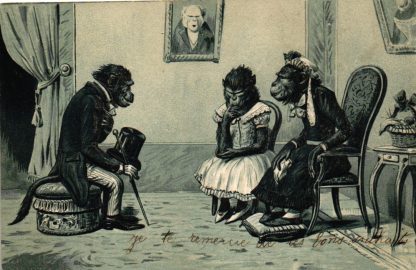 Affen, Besuch der Großmutter, Anhalten um die Hand der Tochter, Prägekarte, 1903