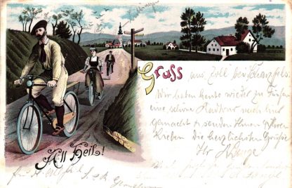Fahrrad, Fahrradfahrer "All Heil", Farb-Litho, 1900
