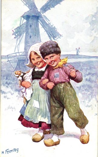 Mädchen mit Puppe, Junge, Windmühle, sign. Feiertag