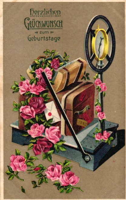 Geburtstag, Gepäckwaage, Rosen, Prägekarte, 1917