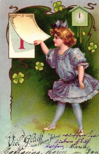 Neujahr, Mädchen mit Kalenderblatt, Farb-Litho, 1905