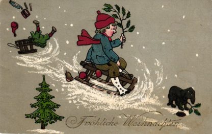 Weihnachten, Kind mit Schlitten, Dackel, 1915