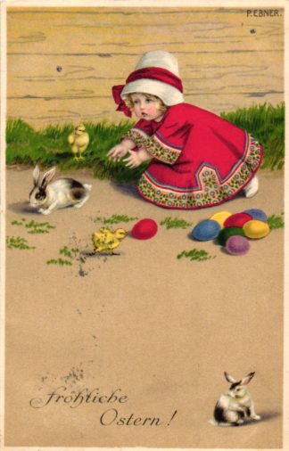 Ostern, Mädchen, Hase, Küken, bunte Eier, sign. Pauli Ebner