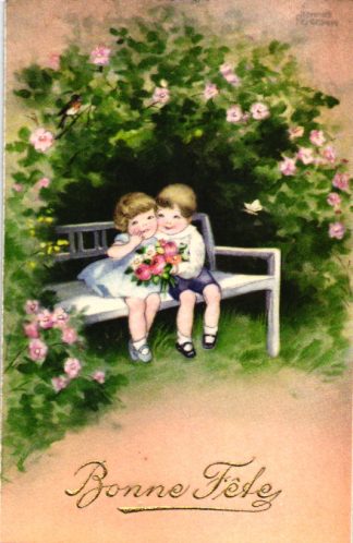 Kinder mit Blumen auf einer Parkbank, sign. Hannes Petersen, um 1930