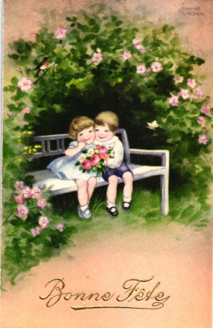 Kinder mit Blumen auf einer Parkbank, sign. Hannes Petersen, um 1930