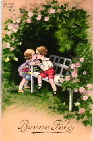 Kinder, Kuss auf der Parkbank, Blumen, sign. Hannes Petersen, um 1930