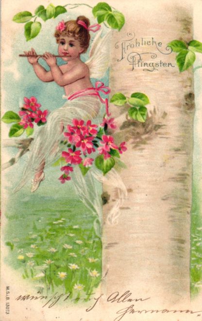 Pfingsten, Elfe mit Flöte, Farb-Litho, 1902