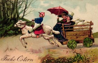 Ostern, Kutsche mit Eiern, Lamm, Prägekarte, 1909