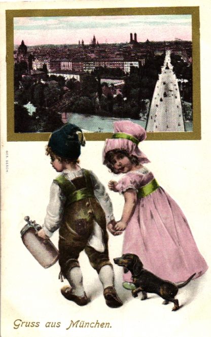 Kinder mit Dackel, "Gruss aus München", Prägekarte, um 1910