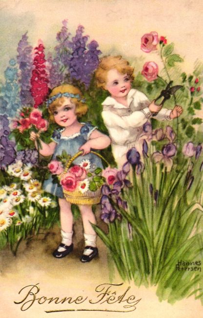 Glückwunsch, Mädchen schneiden Rosen, ca. 30er Jahre, sign. Hannes Petersen