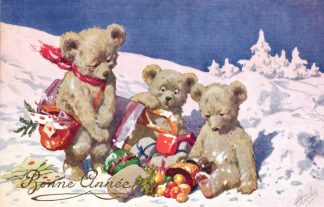 Neujahr, Teddy, Teddybären mit Geschenken, Verlag BKW Serie 3388, um 1910