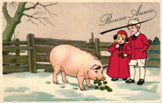 Neujahr, Kinder mit Schwein, Glücksklee, um 1910
