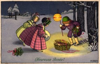 Neujahr, Kinder mit Lampion, Korb mit Ferkeln, um 1910, sign. Pauli Ebner