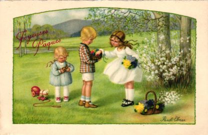 Ostern, Kinder, Korb mit Blumen und Ostereiern, um 1910, sign. Pauli Ebner