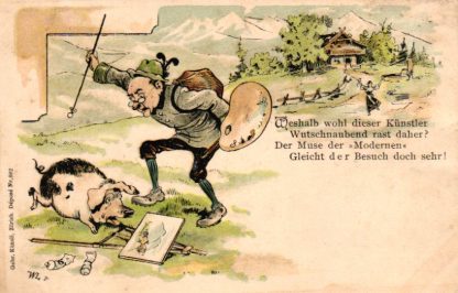 Maler, Schwein wirf Staffelei um, Scherz-AK, 1900/05