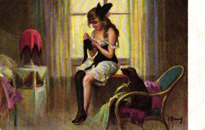 Erotik, Dame in Unterwäsche mit Dackel, S. Bender "Treu und brav", um 1920