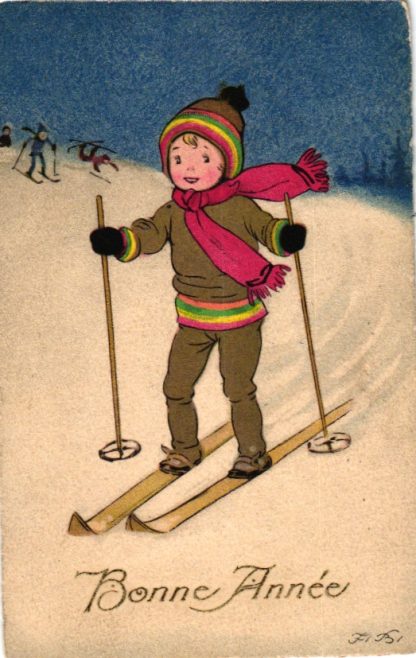 Neujahr, Kind mit Ski, Skifahrer, sign. Fritz Baumgarten, 1925