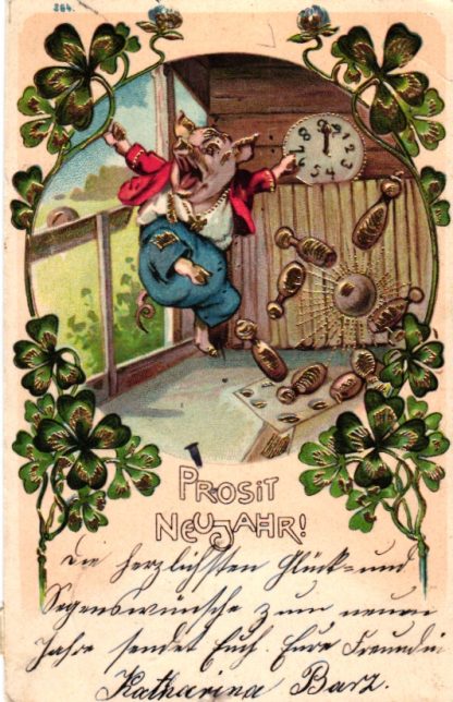 Neujahr, tanzendes Schwein, Uhr, Prägekarte, 1903