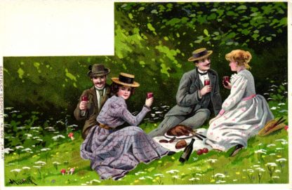 Männer und Frauen, Picknick, Farb-Litho, sign. Mailick, um 1900/05