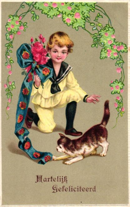 Katze, Junge mit Rosen, Prägekarte, 1917