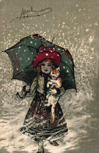 Mädchen mit Katze und Regenschirm, Prägekarte, um 1905/10
